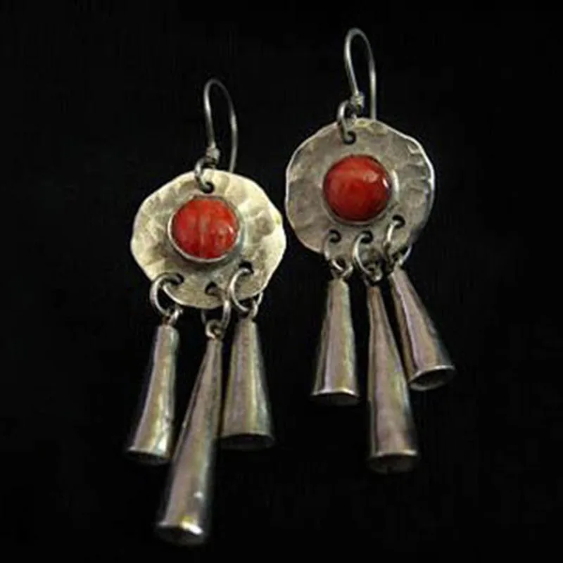 

Retro Silver Wine Bell Hanging Earrings Indian Tribal Red Natural Stone Long Drop Earrings For Women boucle d'oreille Z4D230