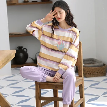 

BZEL Women's 100% Cotton Sleepwear Sweet Striped Pajamas Set Soft Comfortable Nightwear Round-Neck Pijama Mujer Casual Home Wear