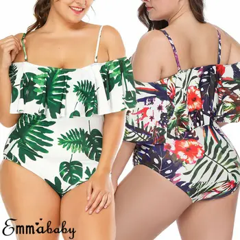 

Women One Piece Ruffle Swimsuit Bandeau Floral Swimming Costume Beachwear 6-18
