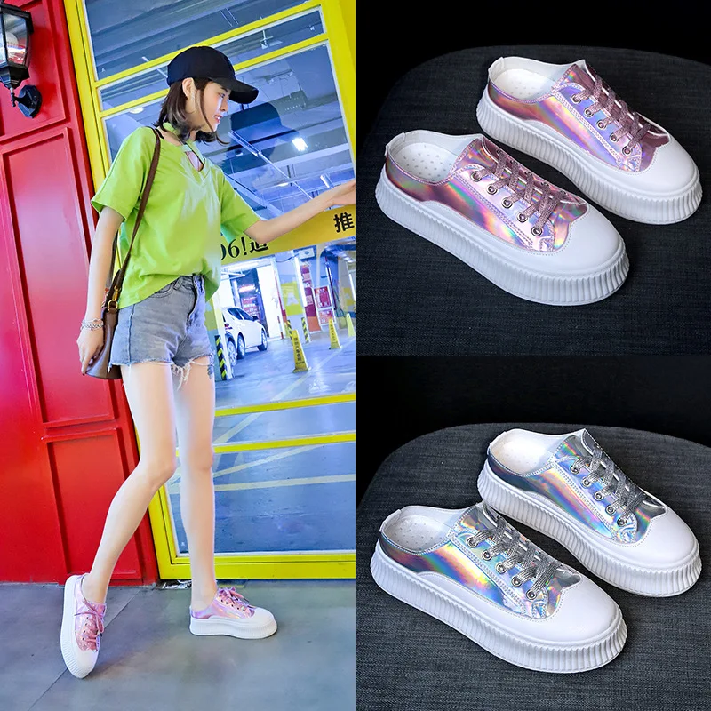 

Ban tuo xie Women's 2019 Summer New Style Fluorescent Lace-up Platform Women's Outdoor Anti-slip Semi-high Heeled Online Celebri