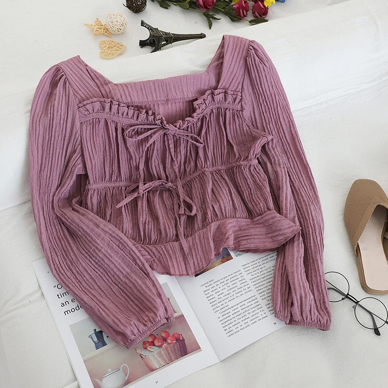 Women Blouse Shirt Женская плиссированная рубашка с рукавом-фонариком и оборками, винтажная короткая эластичная тонкая облегающая повязка на бретельках, пуловер, блузка, топы - Цвет: Women Blouse Shirt