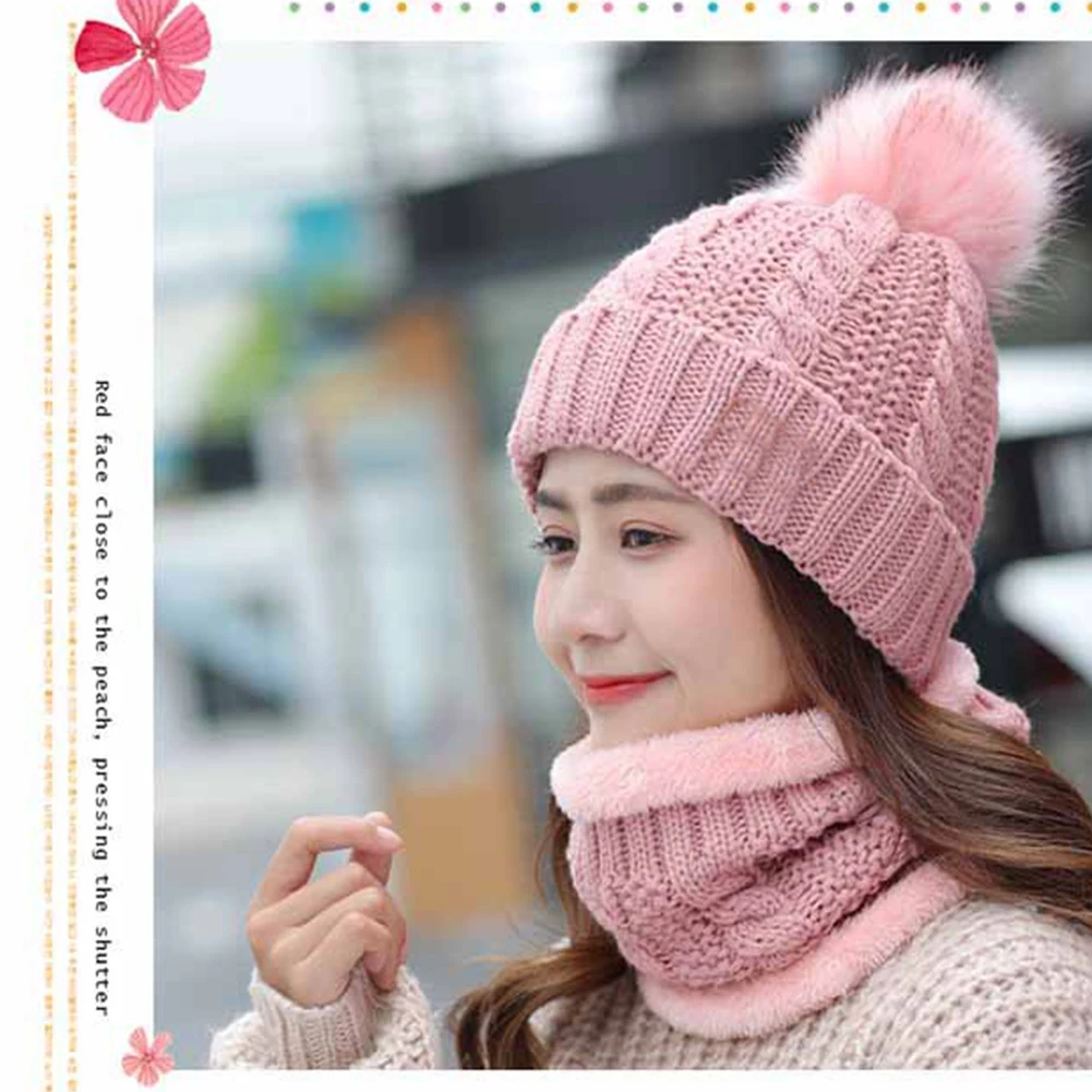 Women Ski Cap Faux Fur Home Keep Warm Hat Scarf Set Beanie Winter Shopping Soft Fleece Slouchy Baggy Knitting