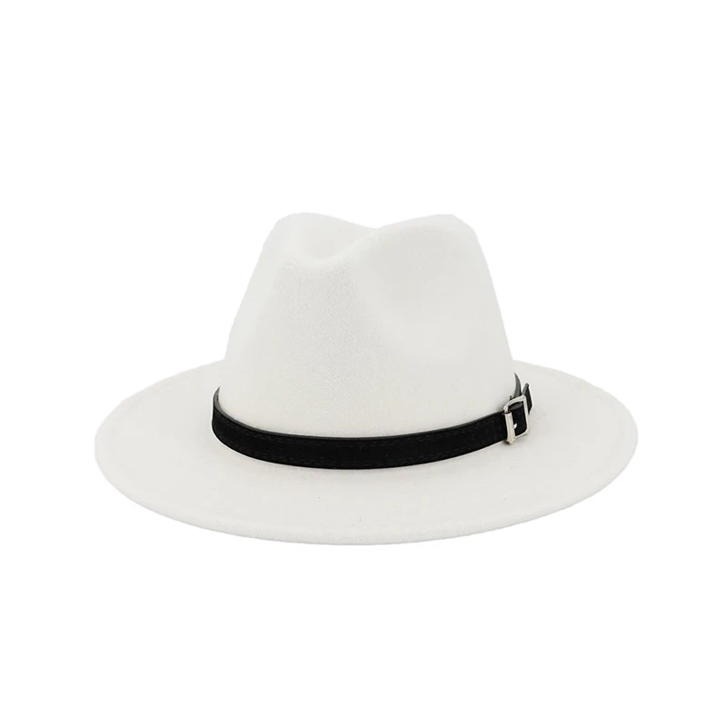 FS белая шерстяная фетровая джазовая шляпа для мужчин и женщин с широкими полями шерстяная зимняя фетровая шляпа Панама шляпа Трилби с Поясом Вечерние шляпы 17 цветов - Цвет: White fedora