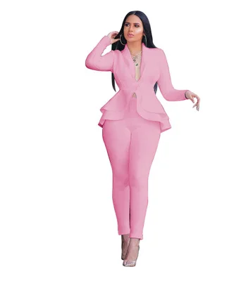 HAOOHU, женский зимний комплект, спортивный костюм, длинный рукав, оборки, блейзеры, брюки-карандаш, костюм, комплект из двух предметов, Офисная Женская одежда, униформа - Цвет: Розовый