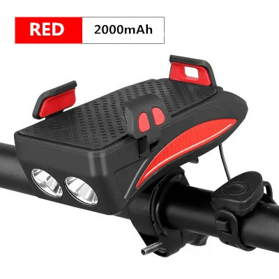red 2000mAh 4 в 1 фонарик для велосипеда рожок для велосипеда сигнализация колокольчик телефон внешний аккумулятор с держателем Аксессуары для велосипеда Велоспорт Передний свет 4 цвета - Цвет: red 2000mAh