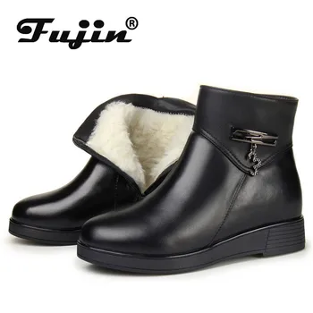

Fujin Wool Snow Boots Women Fashion Genuine Leather Shoes Plush Fur Warm Flat Bottom Ankle Boots Platform for Women Winter Boots