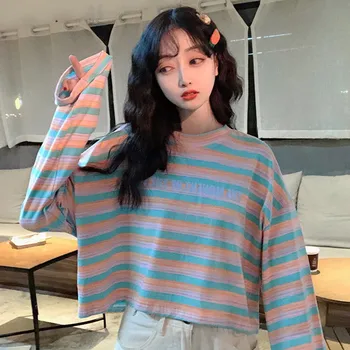 

Sweatshirts Women NEW 2019 Crop Tops Striped Long Sleeve O-Neck Tops Harajuku Kawaii Loose BF style Sweatshirts