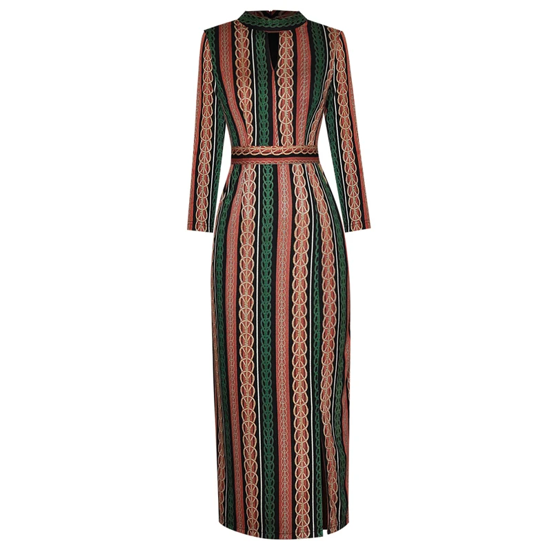 SEQINYY Indie Folk Dress 2020 Autumn Winter New Fashion Design Women Vintage Print Stripes High Quality Sheath Midi Length Split