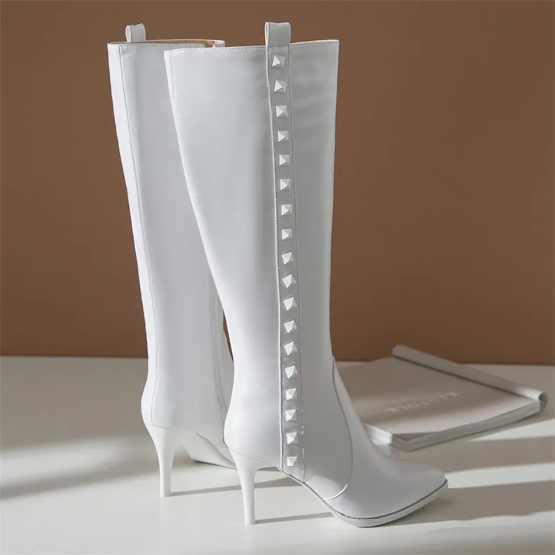 Meotina Winter Knee High Boots Women Natural Genuine Leather Zip Thin Heels Long Boots Rivets Super High Heel Shoes Ladies 34-42