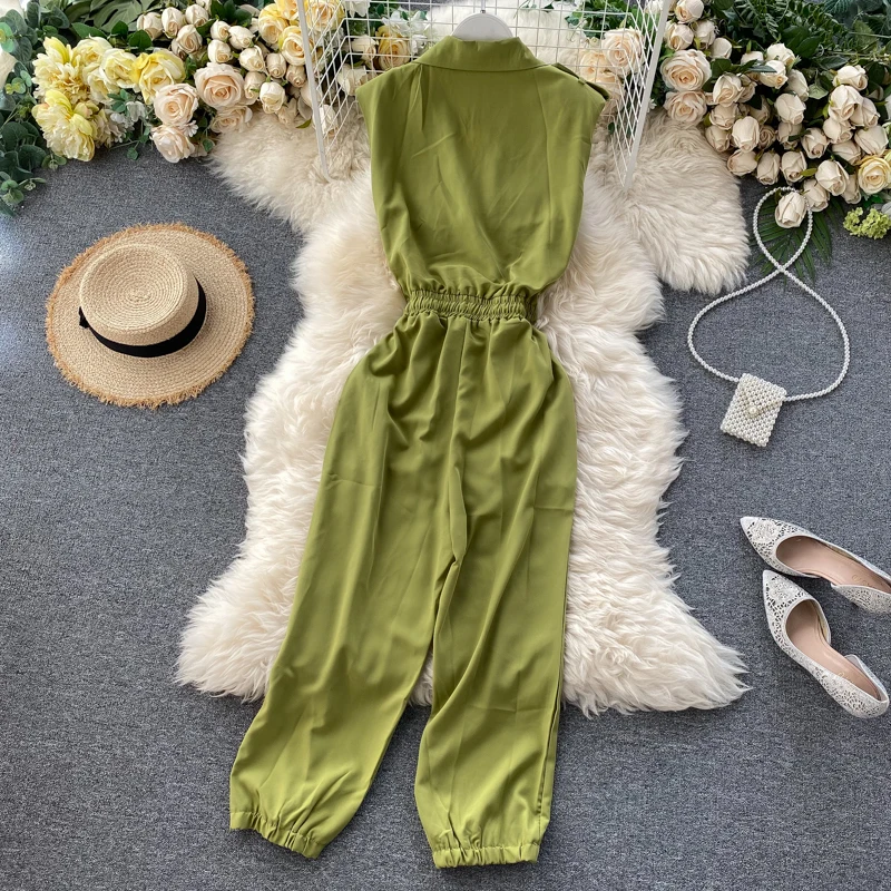 Streetwear Commuting Overalls Female Jumpsuit Summer 2020 Vintage Tooling Pockets Tie-Waist Slim jumpsuit Women Bodysuit rompers
