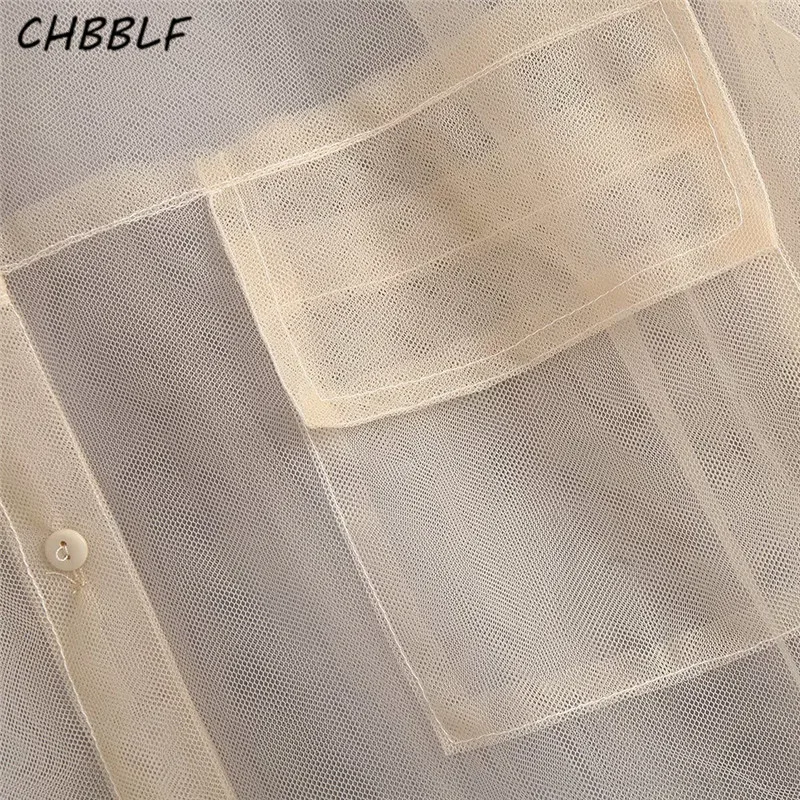 CHBBLF Женская шикарная блузка с прозрачной сеточкой и карманом прозрачная рубашка с длинным рукавом Женские Стильные топы blusa BGB9493
