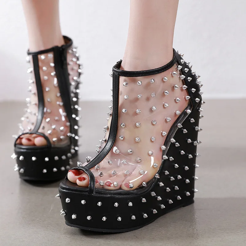 

2019 Europe And America Street Style Transparent High Heel Shoes Fish Mouth Rivet Wild Comfortable Ultra-High-Heel Slanted Heel