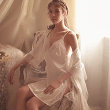 Женское сексуальное нижнее белье на бретельках пеньюар с длинными рукавами, халат, комплект, кружевное раздельное мини-платье, атласная пижама, платье, Халат