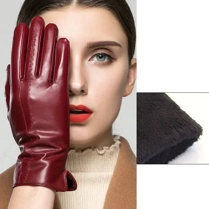 wine red Новые Модные осенние женские зимние перчатки из натуральной кожи теплые бархатные перчатки с сенсорным экраном кожаные варежки из овчины - Цвет: wine red