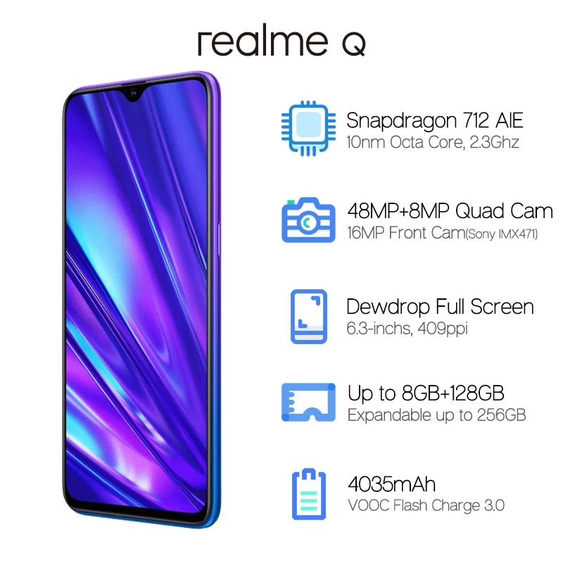 Мобильный телефон realme Q, 6 ГБ, 64 ГБ, 6,3 дюйма, Восьмиядерный процессор Snapdragon 712AIE, 48мп, четырехъядерный мобильный телефон VOOC, быстрая зарядка 20 Вт