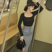 Le Palais Винтаж A/W Morandi синий шоу длинные ноги Сплит шерстяная юбка сексуальные юбки с высокой талией облегающие и хорошо тянущиеся