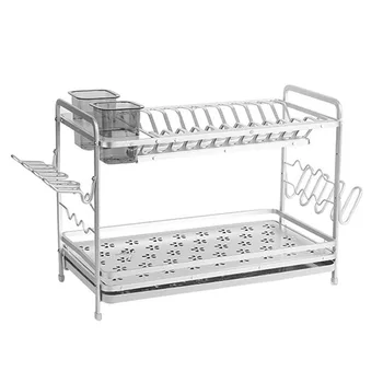 

2 Tiers Multi-function Space Aluminum Dish Drain Rack Kitchenware Storage Stand - Silver White