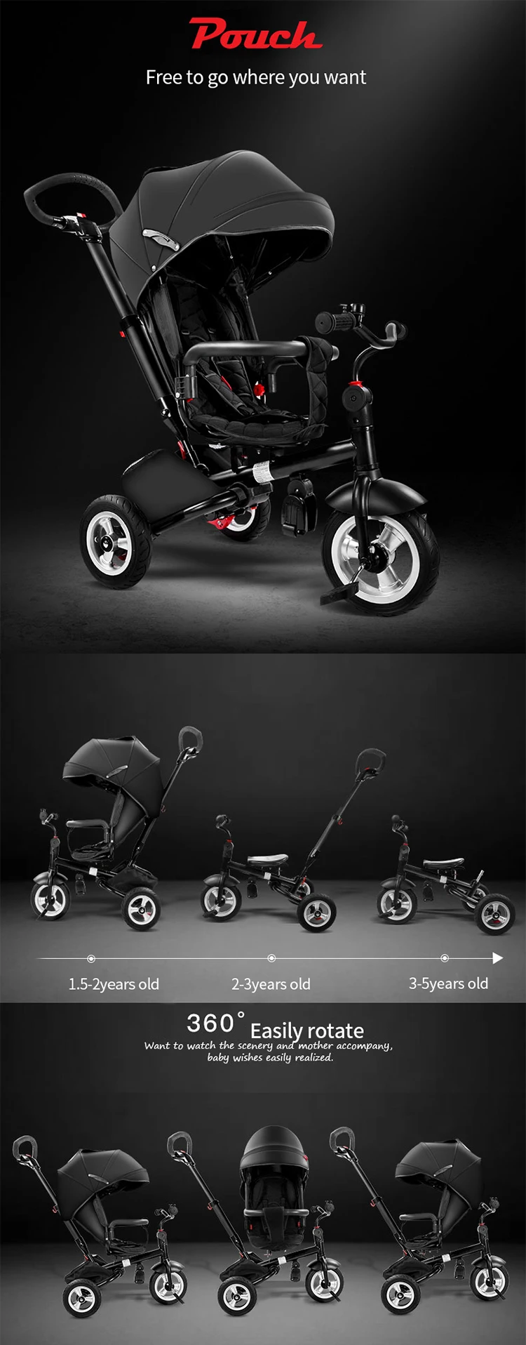 Tricycle kids stroller oem trike baby stroller pouch baby 3 wheel stroller