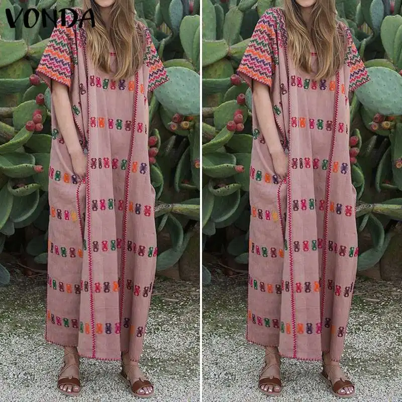 VONDA летнее платье женское с коротким рукавом с принтом винтажное Макси длинное платье повседневное свободное богемное пляжное платье плюс размер Сарафан