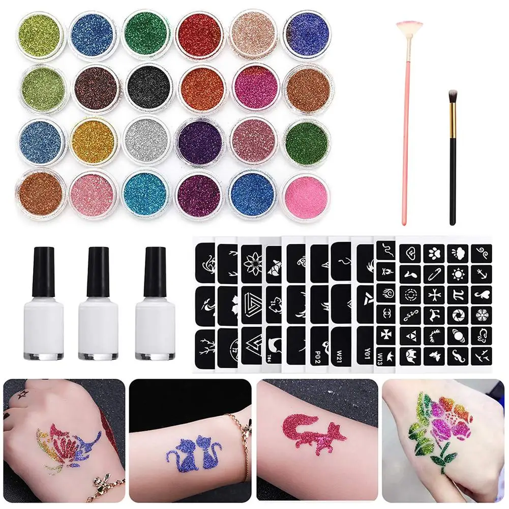 Glitter Tattoo Kits 24 Color 125 Templates Flash Diamond Flash for Temporary Tattoo Set Kids Face Body Painting Art Tools Set