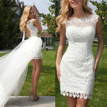 

Simple Full Lace Wedding Dresses 2020 with Detachable Train New Scoop Short Backless Short Wedding Dresses Bridal Gowns