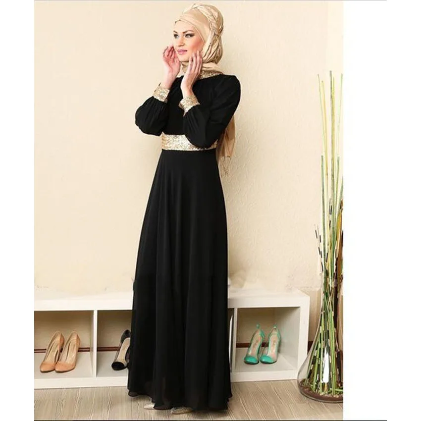 Black dress Malasia Arabic Muslim Traditional Costumes Women Abaya Solid Ankle-length Elegant Wedding Dress Islamic Ramadan Robe Clothing - Цвет: Black dress