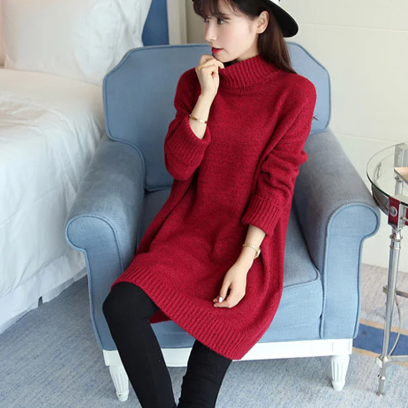 2019 корейская версия, плотное теплое женское трикотажное платье больших размеров, полуводолазка, свободные пуловеры, осенне-зимние платья