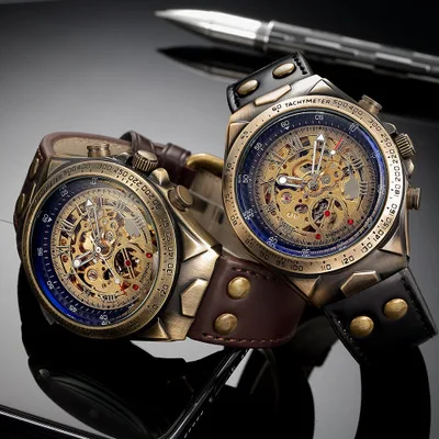 Роскошные Ретро Бронзовый Relogio Masculino мужские часы Скелет механические часы для мужчин автоматические часы спортивный кожаный для часов