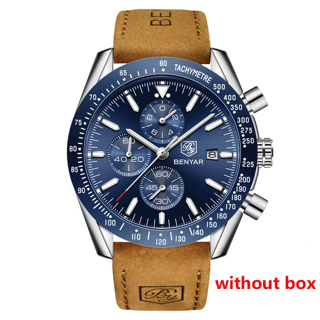 Мужские часы Benyar Модные кварцевые мужские часы водонепроницаемые военные спортивные часы мужские повседневные кожаные часы с хронографом Relogio Masculino - Цвет: Brown silver blue