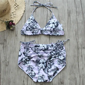 

2020 Halter Bikini Set Bottom Lace Up High Waist Floral Swimsuit Bathing Suit Brazilian Biquini Monokini Maillot De Bain