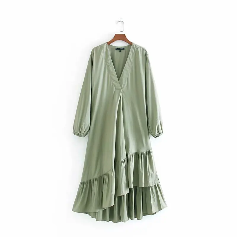 

Women Fashion Solid Color Long Sleeve Vestidos Hem Cascading Ruffles Asymmetrical Dress Ladies V neck Chic Kimono Dresses DS2905