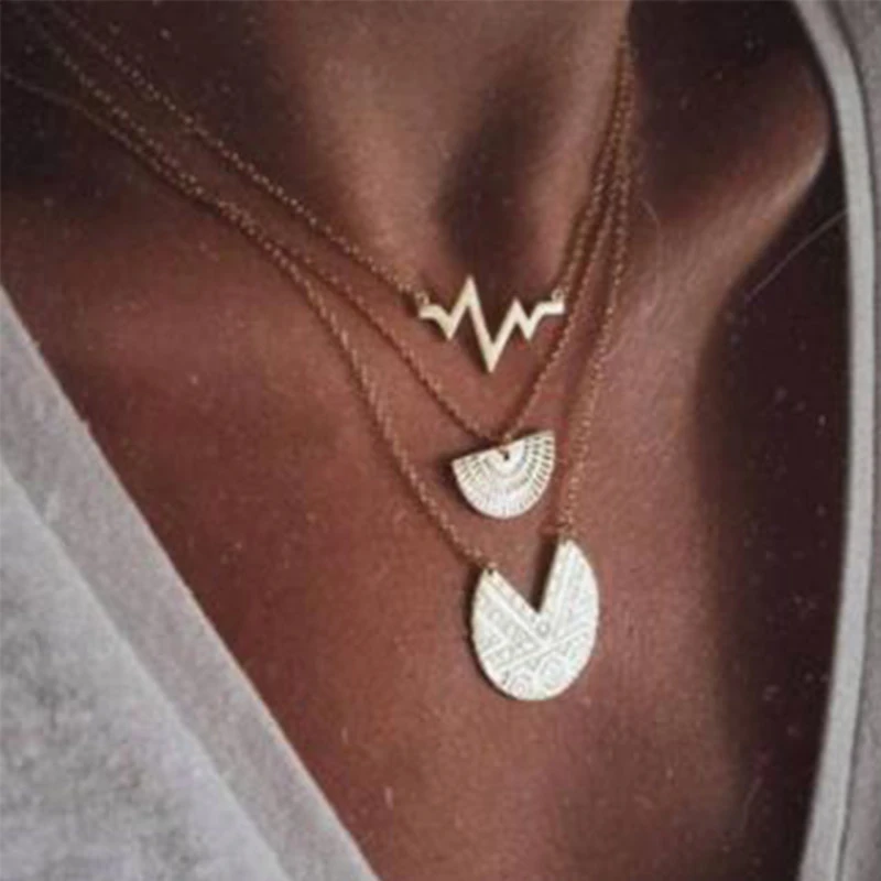 Vintage Boho Geometric Pendant Necklace for Women Bohemian Gold Electrocardiogram Semicircle Choker Collier Femme Bijoux