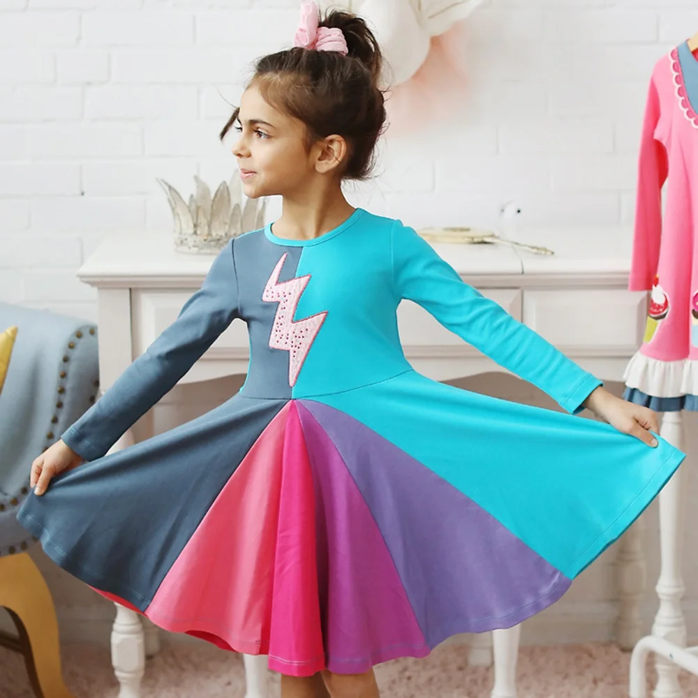 

New Fashion Fall Winter Lightning Long Sleeve Cotton Color Block Baby Girl Cotton Party Dresses for Kids Princess Girls Dress