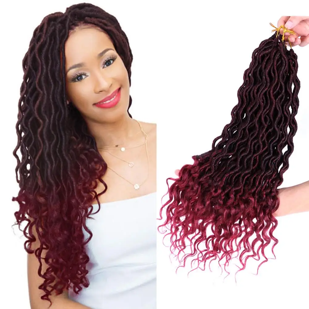 

Mtmei Hair Goddess Faux Locs Crochet Hair Curly Ends 18“ 24Strands Dreadlocks Hair Extensions Black Burgundy Crochet Braids