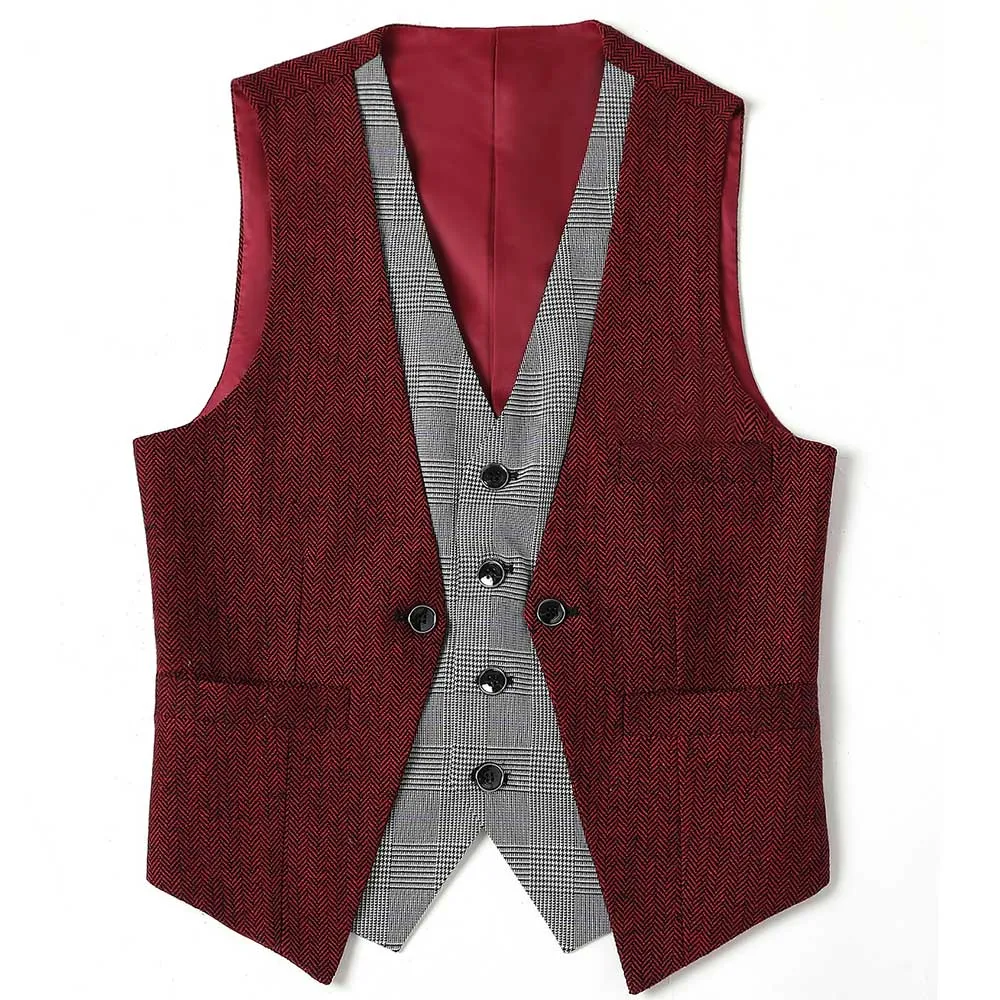 Burgundy Мужской костюм, жилет, многослойный, в клетку, шерсть, в елочку, твид, поддельный, два, v-образный вырез, зеленый жилет, Повседневный, Деловой, Groomman для свадьбы - Цвет: Burgundy