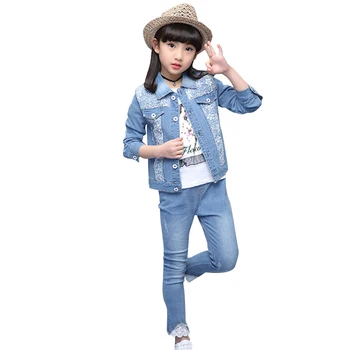 

Girls Clothes Lace Floral Costume For Girls Denim Jacket + Jeans Girls Sets Patchwork Children's Tracksuit