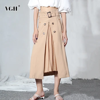 

VGH Vintage Patchwork Pleated Skirt Women High Waist With Sashes Loose Split Maxi Skirts For Female 2020 Fashion Clothing Tide