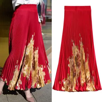 

Spring Summer new red skirt female high waist printed organ pleated skirt long skirt women