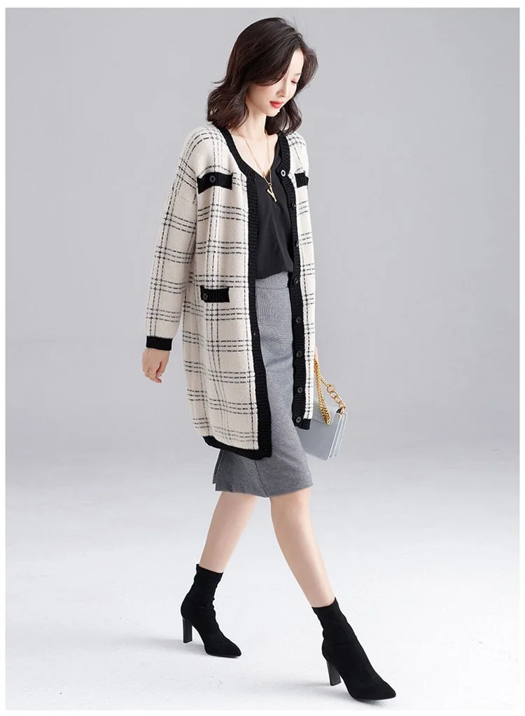 New Women Plaid Sweater Jacket Oversized Chic Single Breasted Loose Long Knitted Cardigans Sweater Korean Jumper Long Coat