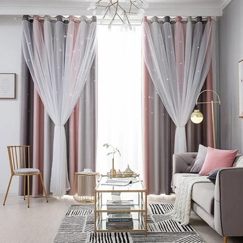 

Double Layer Blackout Curtains Star Cutout For Living Room Home Decor White Sheer Window Curtain Panels For Babys Bedroom