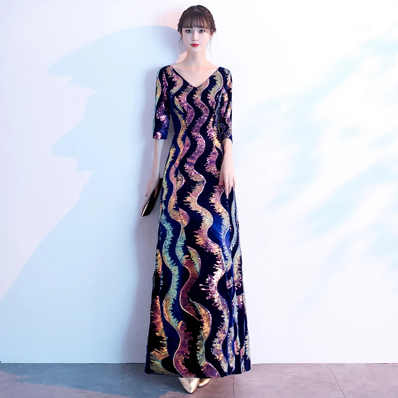 Wei yin AE0262 Robe De Soiree, стиль, трапециевидные Длинные вечерние платья, с блестками, v-образный вырез, половина рукава, элегантные вечерние платья