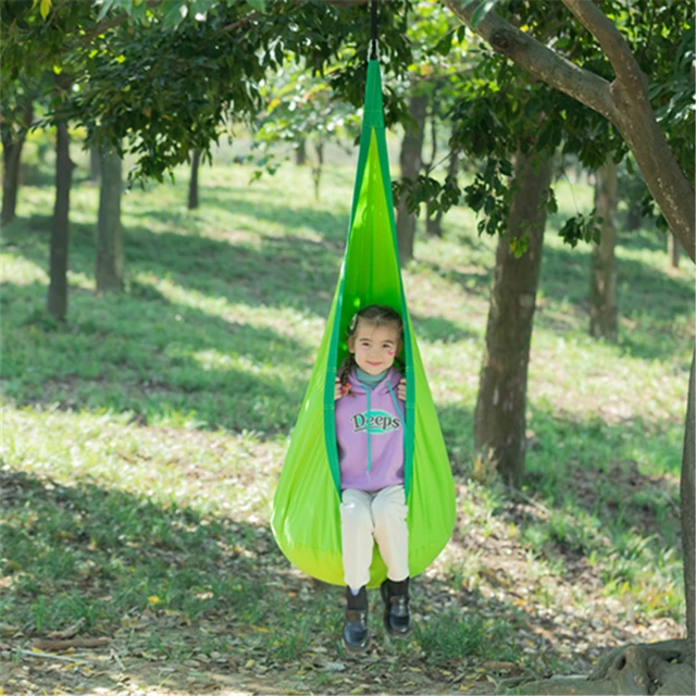 Kids Pod Swing Seat 100% Cotton Hammock Chair Portable Decor Home Space Saving  Indoor Outdoor Use with PVC Inflatable Cushion SH-HS01-Green