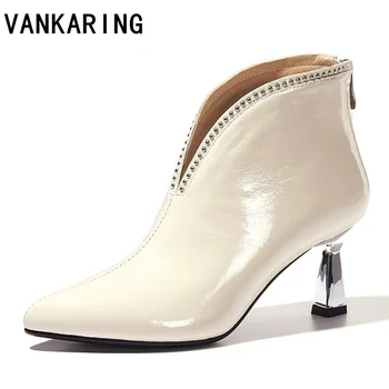 

brand shoes patent leather women's boots pointed toe sexy ankle boots high heels shoes woman female zip autumn boots pumps woman