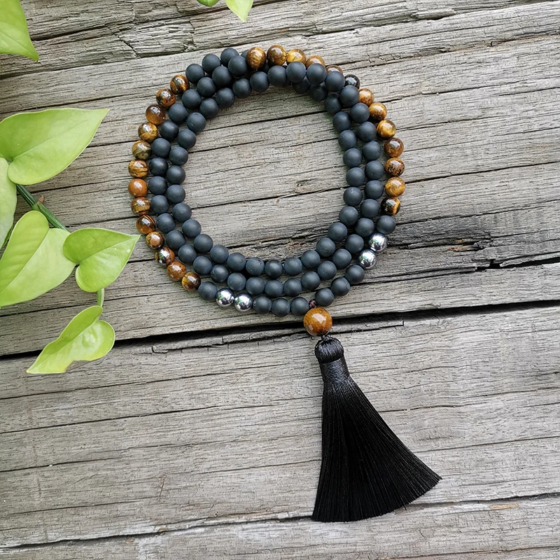 8mm Natural Stone Beads,Matte Black Onyx,Tigers Eye,Heal,JapaMala Sets,Spiritual Jewelry,Meditation,Inspirational,108 Mala Beads
