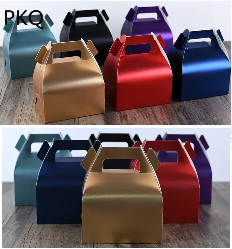 

50pcs Colored Paper Favor Box Cupcake Box with handle Cardboard Packing Cake Boxes And Packaging Party Gift Box