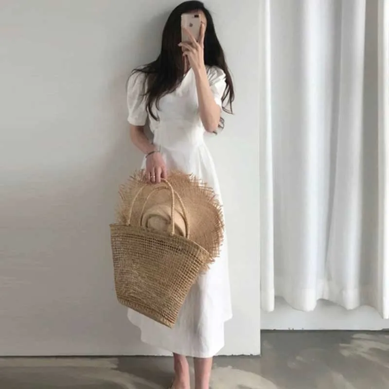 Korean One-Piece Dress 2020 Summer French Vintage Cotton Linen Dress Women Elegant Puff Sleeve Waist Dress Lady Office Dresses