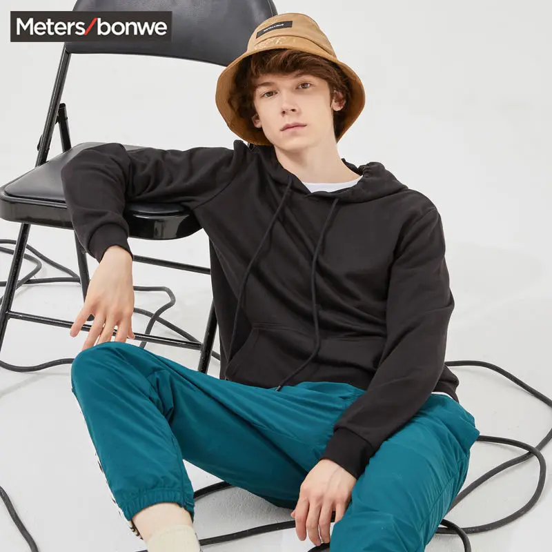 Metersbonwe Весенняя новая многоцветная удобная толстовка с капюшоном для мужчин плюс трикотажная одноцветная толстовка с капюшоном - Цвет: Shadow Black