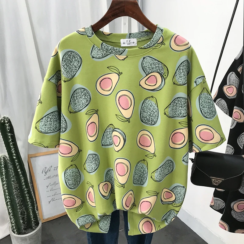 summer student short Sleeve oversized T-shirt Women Ulzzang Tees Korean Style Avocado printing T-shirts Girls Fashion white tops