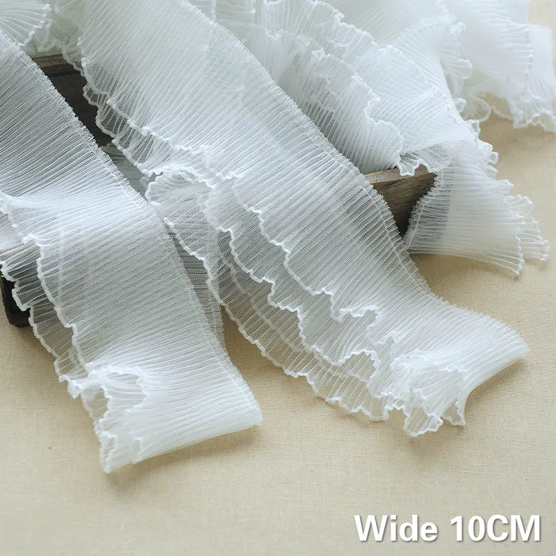 

10CM Wide White Double Layers Tulle Lace Fabirc Pleated Folds Ruffle Lace Ribbon Clothing Dress Collar Trim DIY Sewing Supplies