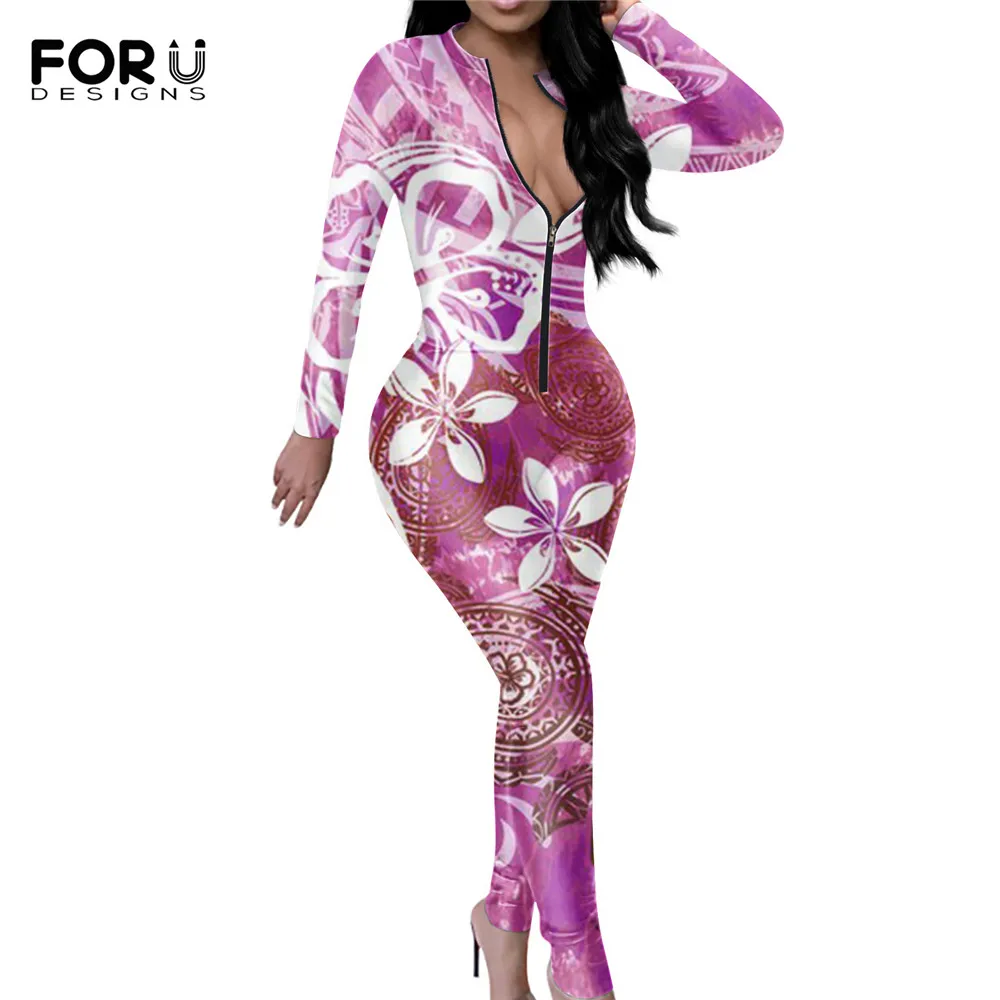 

Zipper Slim Jumpsuit Costume for Women Hawaiian Samoan Polynesian Lava Ocean Tribal Prints Long Sleeve Plus Szie Bodysuit Mujer
